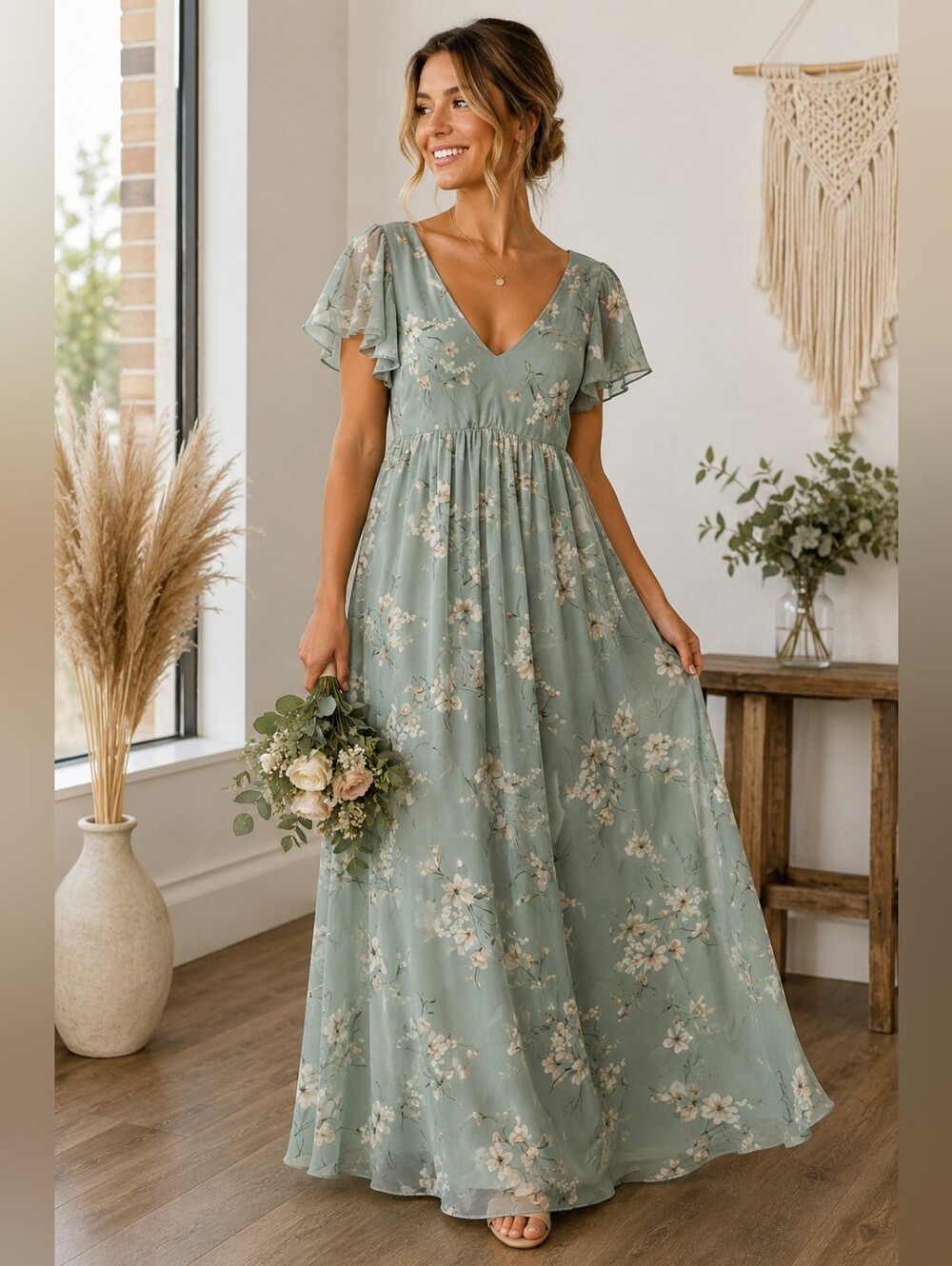 Birdy Grey Hannah Chiffon Dress Size L Sage Le Fleur Floral Flutter Sleeve NWT